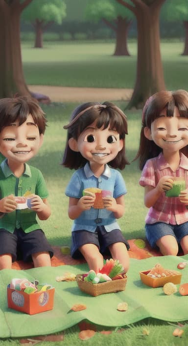  {Kids sitting around a picnic blanket, enjoying juice boxes and snacks., Children happily eating snacks, with crumbs on their faces and big smiles.