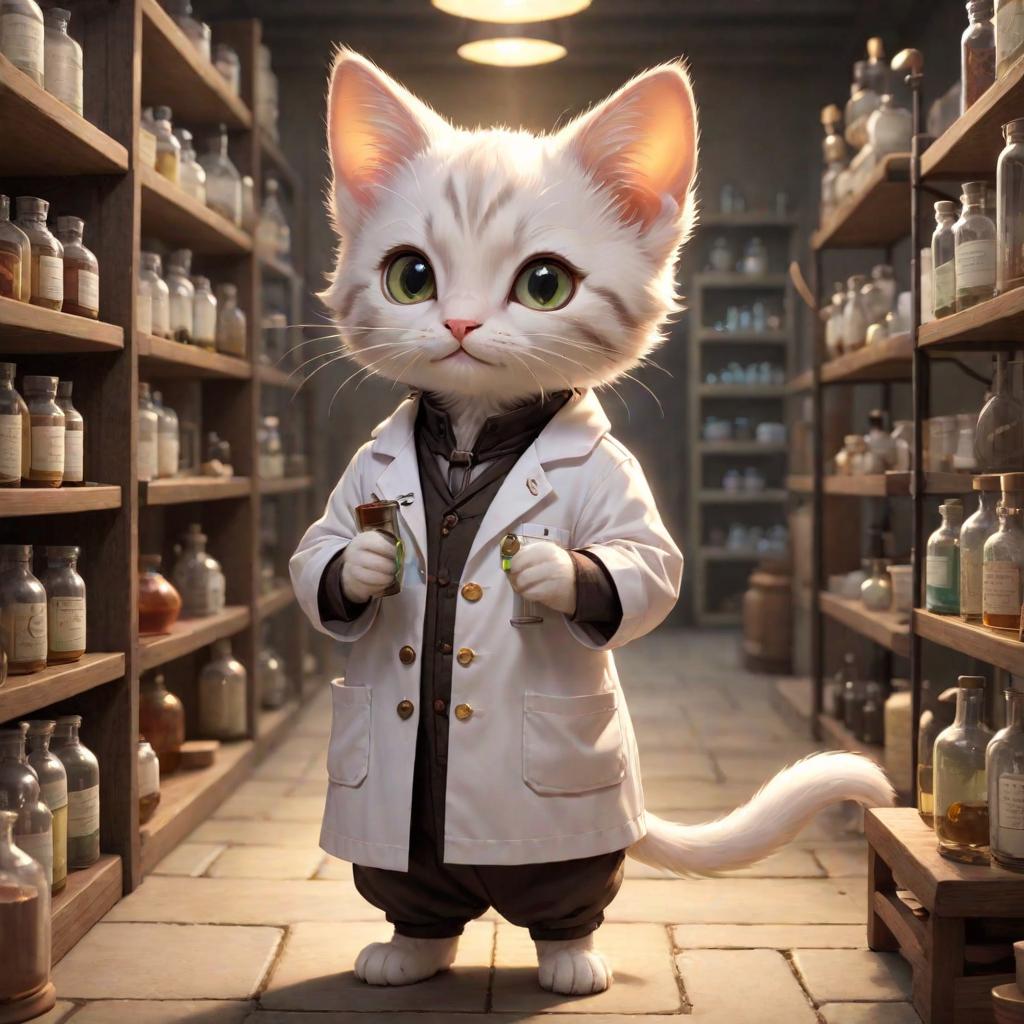  full body, Kitten Cheeseville, Soft Alchemical Glow, Curious and Inquisitive, Tiny and Nimble, Whiskers and Bright Eyes, Scientific Lab Coat with a Pocket Protector, Alchemical Laboratory with Potion filled Shelves, Chemist and Alchemist in the Mouse Lab