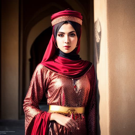 modelshoot style beautiful gorgeous European girl, arabian palace, arabian clothing, Concubine, modest, detailed skin, fine details, hyperdetailed, raytracing, subsurface scattering, diffused soft lighting, sharp focus, vivid