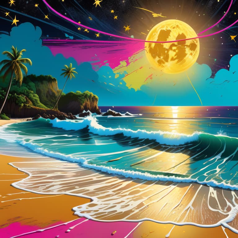  Vector Art, landscape of a Incredibly Detailed Extraordinary (The Caribbean Sea:1.2) and Sagittarius constellation, warm beach, Spring, Confused, masterpiece, 50s Art, expressive brush strokes, dripping Gold and Neon