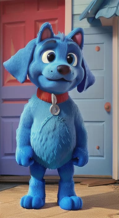  {Max the big blue dog standing in front of a cozy little house with a red door, The big blue dog is large with sky blue fur, big round eyes, a black nose, and floppy ears.