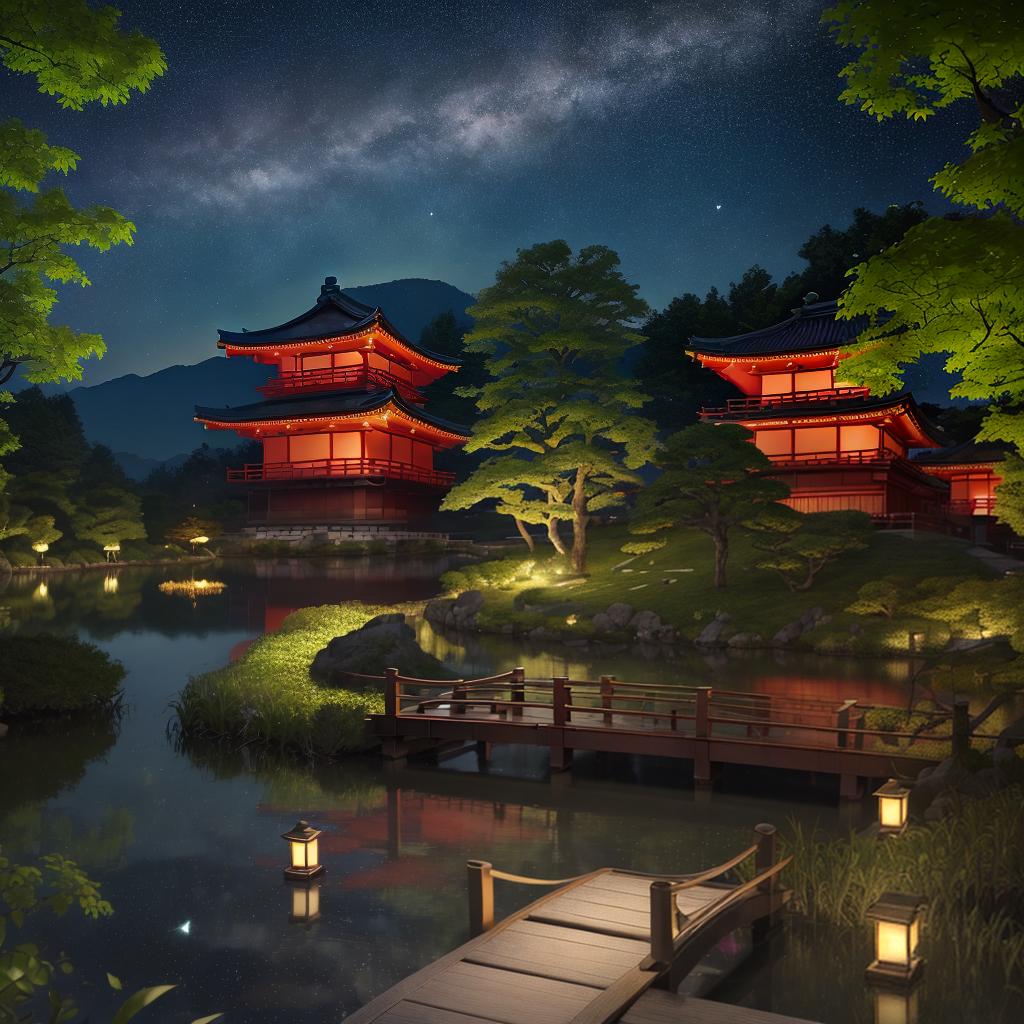  masterpiece, best quality, (Fidelity: 1.4), Best Quality, Masterpiece, Ultra High Resolution, 8k resolution, A night view inspired by Japanese art, featuring a garden illuminated by paper lanterns and a wooden bridge spanning a tranquil lake, by the lakeside, there is a small Zen temple. The water reflects the starry sky.