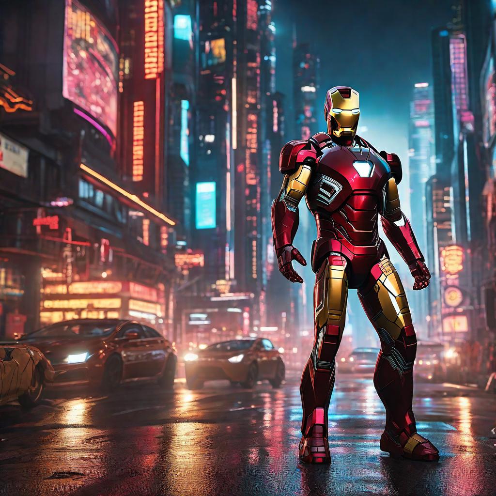  masterpiece, best quality, Best quality, masterpiece, 8k resolution, realistic, highly detailed, close up of Iron Man. In a cyberpunk-style night scene of the city, he stands on a street lined with tall buildings. The city's night lights are bright, The surrounding buildings and streets are filled with cyberpunk elements such as neon lights, high-tech devices, and futuristic architectural designs.