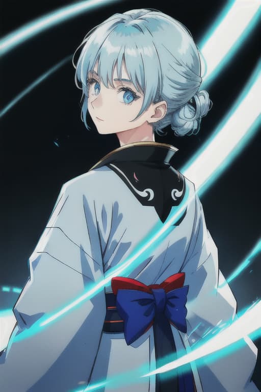  Hair and eyes are light blue, eyes are glowing, background is on stage, kimono, back collar from nape to back.