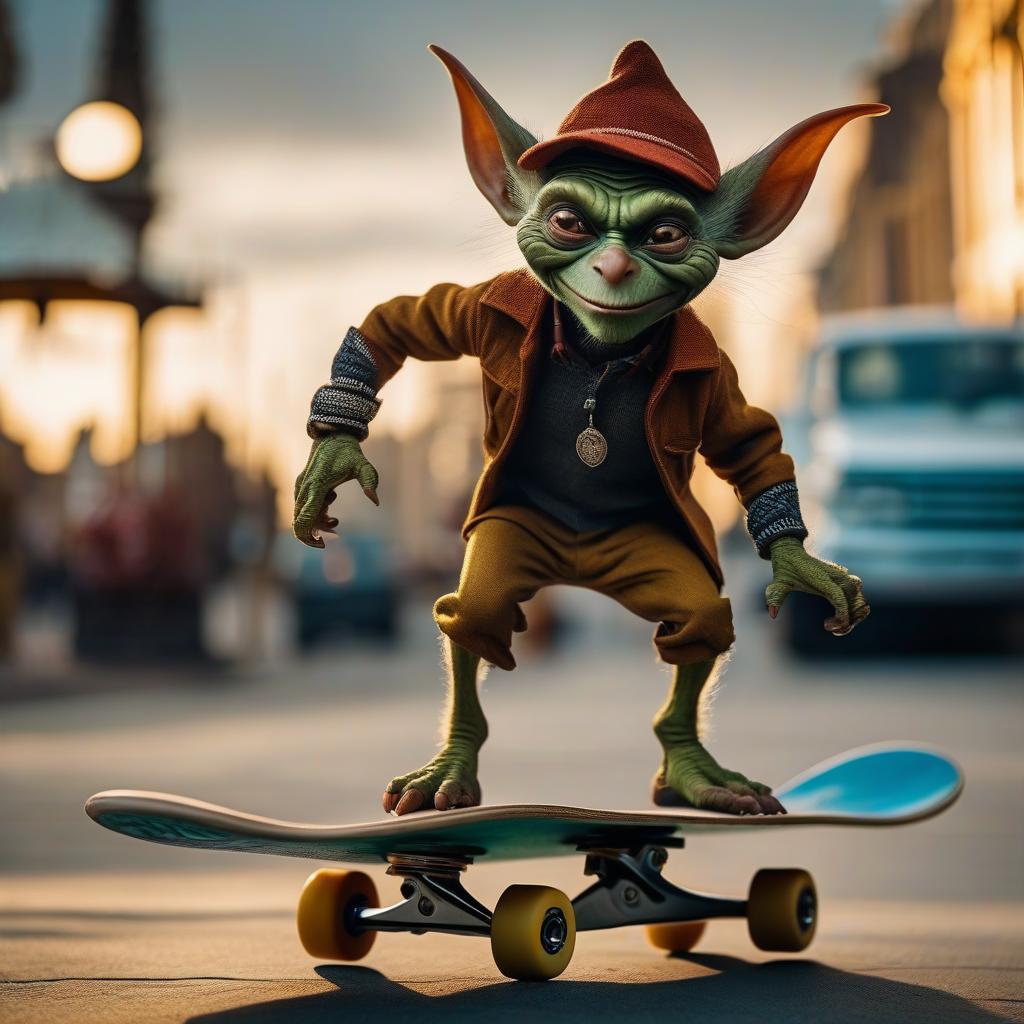  cinematic photo Leica portrait of a goblin riding a skateboard, encoded patterns, rare and simple, image in uhd format, urbancore, Soviet wave, instant shot. . 35mm photograph, film, bokeh, professional, 4k, highly detailed hyperrealistic, full body, detailed clothing, highly detailed, cinematic lighting, stunningly beautiful, intricate, sharp focus, f/1. 8, 85mm, (centered image composition), (professionally color graded), ((bright soft diffused light)), volumetric fog, trending on instagram, trending on tumblr, HDR 4K, 8K