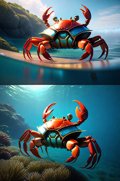  pixar style of a transparent mecha ((crab)), steampunk, cute, ((( luminous))), in the ocean, reading a magic book , bubbles, angry, high detailed, photorealistic, 8k hyperrealistic, full body, detailed clothing, highly detailed, cinematic lighting, stunningly beautiful, intricate, sharp focus, f/1. 8, 85mm, (centered image composition), (professionally color graded), ((bright soft diffused light)), volumetric fog, trending on instagram, trending on tumblr, HDR 4K, 8K