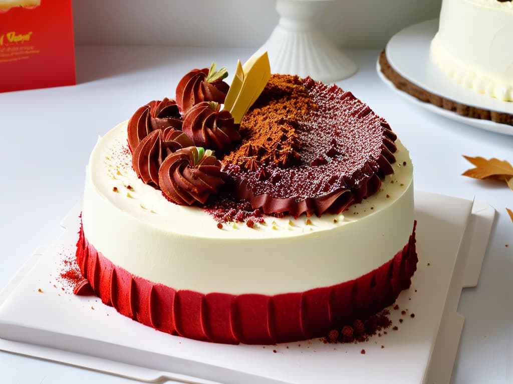  A closeup, photorealistic image of a decadent slice of red velvet cake on a pristine white plate, garnished with a generous dollop of cream cheese frosting and a sprinkle of red velvet cake crumbs. The cake is moist and rich, showcasing its vibrant red hue against the creamy frosting, with intricate details like the velvety texture of the cake crumb and the glossy sheen of the frosting, all captured in stunning ultrahigh definition. hyperrealistic, full body, detailed clothing, highly detailed, cinematic lighting, stunningly beautiful, intricate, sharp focus, f/1. 8, 85mm, (centered image composition), (professionally color graded), ((bright soft diffused light)), volumetric fog, trending on instagram, trending on tumblr, HDR 4K, 8K