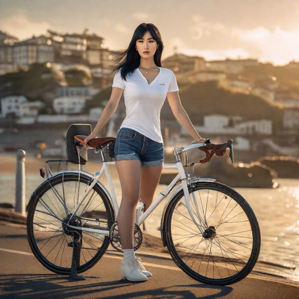  A young japanese with straight black hair, wearing white t-shirt and jeans over her racing bicycle. The background is at the seaside hyperrealistic, full body, detailed clothing, highly detailed, cinematic lighting, stunningly beautiful, intricate, sharp focus, f/1. 8, 85mm, (centered image composition), (professionally color graded), ((bright soft diffused light)), volumetric fog, trending on instagram, trending on tumblr, HDR 4K, 8K