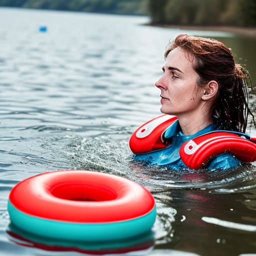  woman drowning in the water lifebuoy is not far away