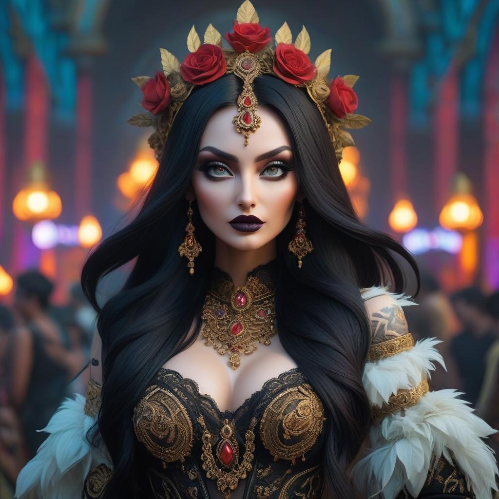  gothic style Create an image that reflects the theme of "Love at an Electronic Music Festival and Tantric Practices on the Island of Humming Border. . dark, mysterious, haunting, dramatic, ornate, detailed hyperrealistic, full body, detailed clothing, highly detailed, cinematic lighting, stunningly beautiful, intricate, sharp focus, f/1. 8, 85mm, (centered image composition), (professionally color graded), ((bright soft diffused light)), volumetric fog, trending on instagram, trending on tumblr, HDR 4K, 8K