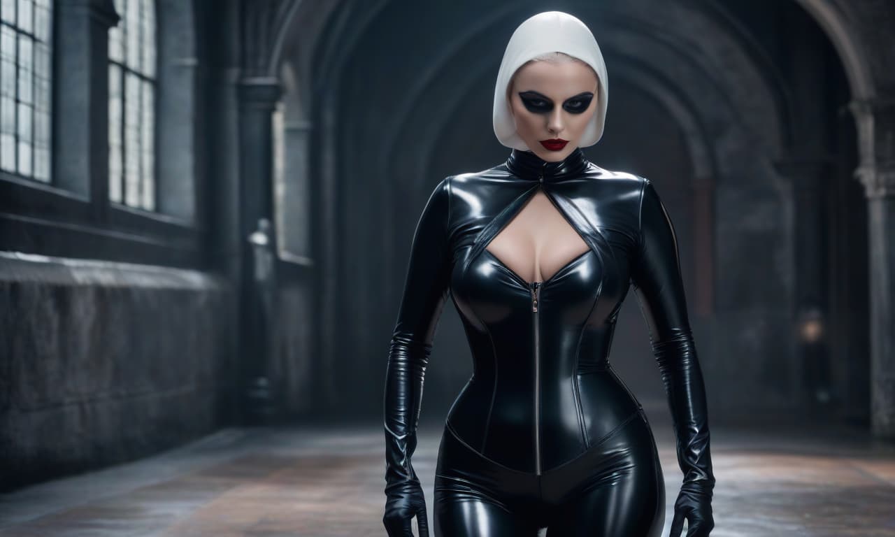  cinematic film still A stern nun, tall, pale skin, vividly painted eyes, chubby lips, in a shining black latex suit tightly hugging her body. A tight fitting white mask fully covers her head and face. The mask tightly covers the entire face. On her hands are white gloves. On her legs are white high heeled shoes, a red corset, (dark shot: 1.17), epic realism, cold, (neutral colors), artistic, (hdr: 1.5), (muted colors: 1.2), with enhanced detail, (artstation: 1.5), cinematic, warm light, dramatic light, (complex details: 1.1), complex background, (ruktovsky: 0.8), (blue and orange: 0.4), Details, ((complex details)), hdr, ((complex details, highly detailed)) . shallow depth of field, vignette, highly detailed, high budget, bokeh, cinemascop hyperrealistic, full body, detailed clothing, highly detailed, cinematic lighting, stunningly beautiful, intricate, sharp focus, f/1. 8, 85mm, (centered image composition), (professionally color graded), ((bright soft diffused light)), volumetric fog, trending on instagram, trending on tumblr, HDR 4K, 8K