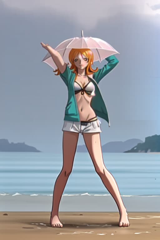  Nami from one piece tweaking in the rain on a beach, full body