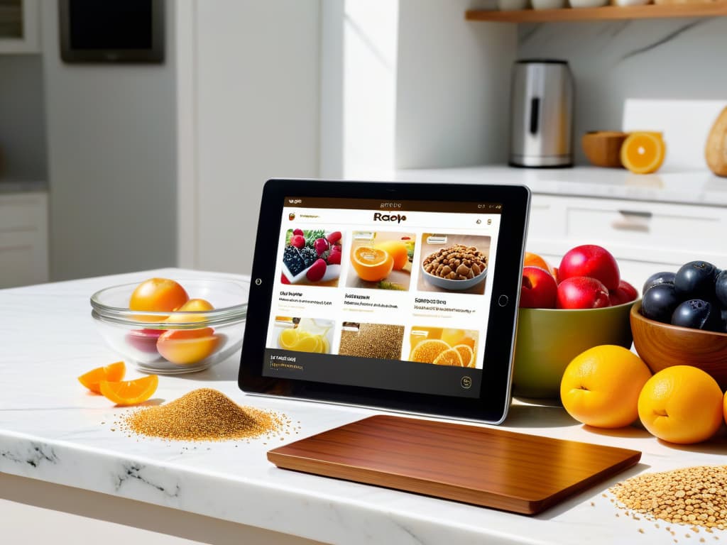  A photorealistic image of a sleek, modern kitchen filled with an array of colorful fruits, whole grains, nuts, and other wholesome ingredients neatly organized on marble countertops. In the center, a digital tablet displays a beautifully designed recipe app interface showcasing vibrant and nutritious recipes for healthy baking. The sunlight streaming through a window highlights the freshness and abundance of the ingredients, setting an inspiring and professional tone for creating delicious and nutritious treats. hyperrealistic, full body, detailed clothing, highly detailed, cinematic lighting, stunningly beautiful, intricate, sharp focus, f/1. 8, 85mm, (centered image composition), (professionally color graded), ((bright soft diffused light)), volumetric fog, trending on instagram, trending on tumblr, HDR 4K, 8K