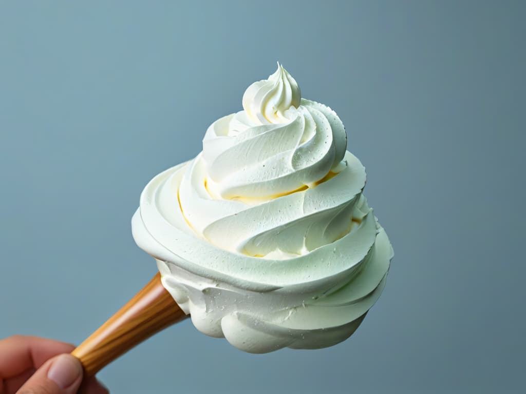  An ultradetailed minimalist illustration of a hand holding a whisk, delicately swirling through a cloud of fluffy whipped cream. The cream forms perfectly soft peaks, capturing the essence of expertise and precision in baking techniques. The image showcases the importance of proper whisking methods in achieving the desired texture in creams and doughs, embodying a professional and inspirational tone for the article on the impact of beating techniques on the final texture of batters and creams. hyperrealistic, full body, detailed clothing, highly detailed, cinematic lighting, stunningly beautiful, intricate, sharp focus, f/1. 8, 85mm, (centered image composition), (professionally color graded), ((bright soft diffused light)), volumetric fog, trending on instagram, trending on tumblr, HDR 4K, 8K