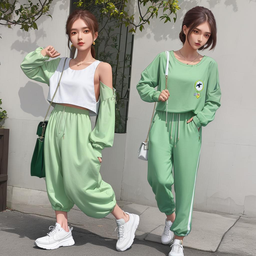  masterpiece, best quality,A girl wearing jumpsuit pants with removable strap, green long sleeves croptop, white sneakers and white shoulder bag.,