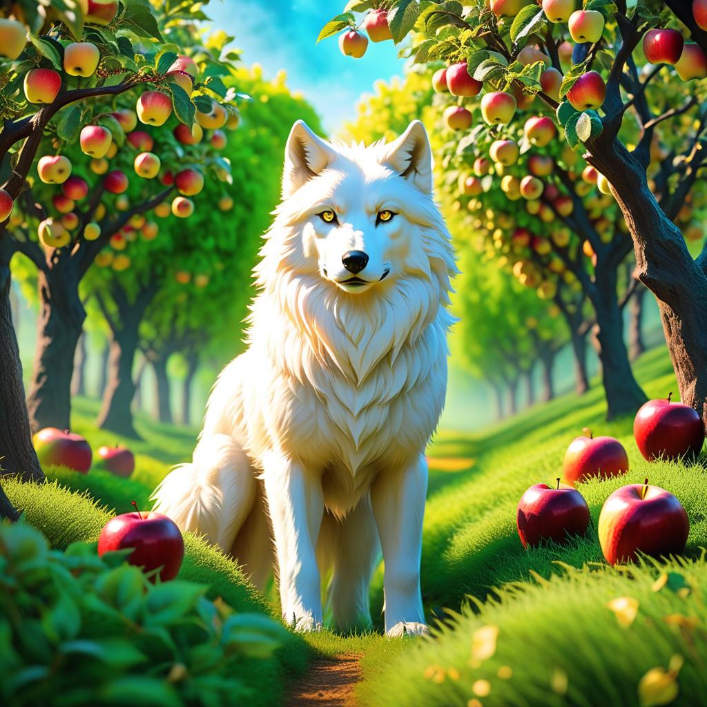  ethereal fantasy concept art of (Background): apple orchard. An apple orchard with golden fruit and crystal leaves. In the orchard sits a white werewolf wolf cub with green eyes, black nose. Style:fantasy . magnificent, celestial, ethereal, painterly, epic, majestic, magical, fantasy art, cover art, dreamy hyperrealistic, full body, detailed clothing, highly detailed, cinematic lighting, stunningly beautiful, intricate, sharp focus, f/1. 8, 85mm, (centered image composition), (professionally color graded), ((bright soft diffused light)), volumetric fog, trending on instagram, trending on tumblr, HDR 4K, 8K