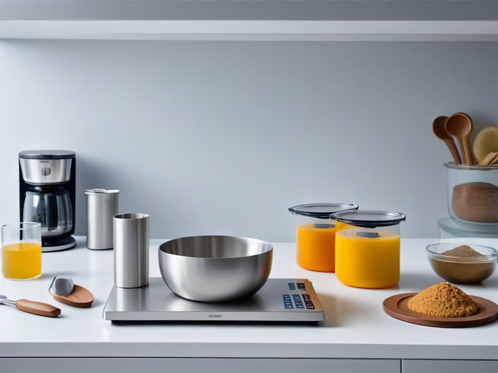  A highresolution, 8k ultradetailed image of a sleek, modern kitchen countertop adorned with an array of innovative universal design baking tools neatly organized in a minimalist fashion. The tools include ergonomic measuring cups, versatile mixing bowls, multifunctional baking utensils, and a stylish digital kitchen scale, all showcasing a cohesive and inclusive design suitable for professional and home bakers alike. The background is clean and uncluttered, emphasizing the simplicity and elegance of the universal baking tools, reflecting the theme of innovation and inclusivity in baking equipment. hyperrealistic, full body, detailed clothing, highly detailed, cinematic lighting, stunningly beautiful, intricate, sharp focus, f/1. 8, 85mm, (centered image composition), (professionally color graded), ((bright soft diffused light)), volumetric fog, trending on instagram, trending on tumblr, HDR 4K, 8K