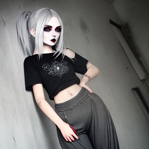  1girl, silver hair, green eyes, grey T-shirt, red saggy pants, Gothic makeup