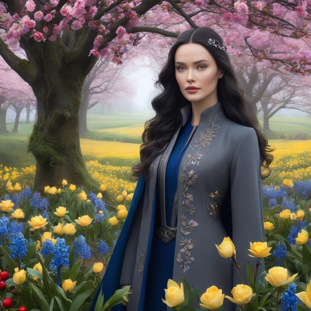  Luthien Tinuviel. A very pretty girl. Grey eyes. Forest, silver crown on her forehead, blue coat. ((Sparkling rim)): spring field, hyacinths, roses, rosehips, rose hips, peonies, cherry tree, yellow, red, black flowers, forget me nots. hyperrealistic, full body, detailed clothing, highly detailed, cinematic lighting, stunningly beautiful, intricate, sharp focus, f/1. 8, 85mm, (centered image composition), (professionally color graded), ((bright soft diffused light)), volumetric fog, trending on instagram, trending on tumblr, HDR 4K, 8K