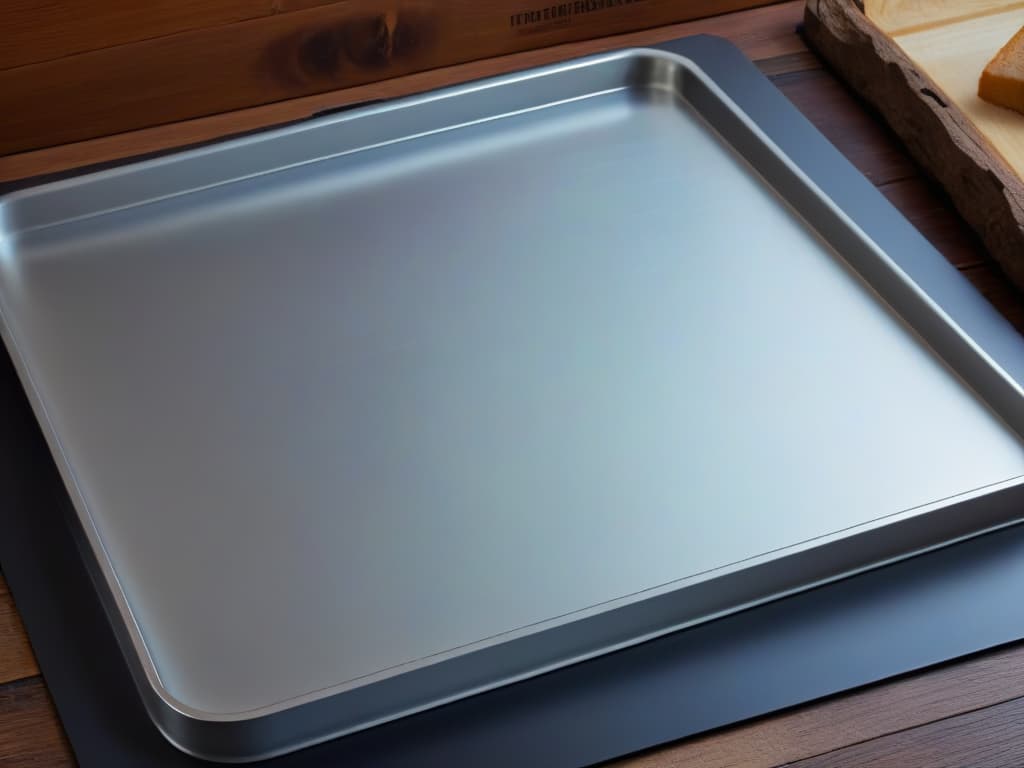  A closeup, ultradetailed image of a shiny, brand new baking tray, showcasing its smooth surface and perfectly angled edges. The tray is spotless and gleaming under a soft, natural light, with subtle reflections adding depth to the image. Every curve and corner of the tray is visible, emphasizing its quality and durability. hyperrealistic, full body, detailed clothing, highly detailed, cinematic lighting, stunningly beautiful, intricate, sharp focus, f/1. 8, 85mm, (centered image composition), (professionally color graded), ((bright soft diffused light)), volumetric fog, trending on instagram, trending on tumblr, HDR 4K, 8K