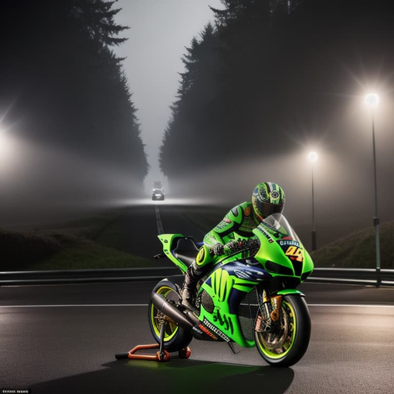  landscape Valentino Rossi Vr/46 hyperrealistic, full body, detailed clothing, highly detailed, cinematic lighting, stunningly beautiful, intricate, sharp focus, f/1. 8, 85mm, (centered image composition), (professionally color graded), ((bright soft diffused light)), volumetric fog, trending on instagram, trending on tumblr, HDR 4K, 8K