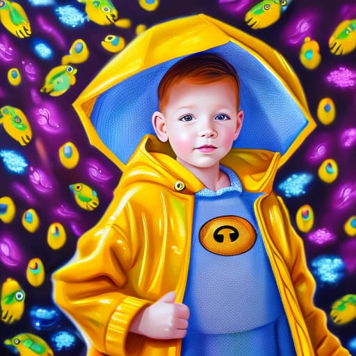 portrait+ style Painting of a child in a yellow raincoat surrounded by yellow robotic fishes,