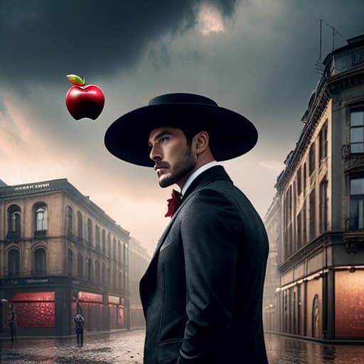  Man wearing a black bowler hat with one red apple in a dirty city with a stormy sky hyperrealistic, full body, detailed clothing, highly detailed, cinematic lighting, stunningly beautiful, intricate, sharp focus, f/1. 8, 85mm, (centered image composition), (professionally color graded), ((bright soft diffused light)), volumetric fog, trending on instagram, trending on tumblr, HDR 4K, 8K