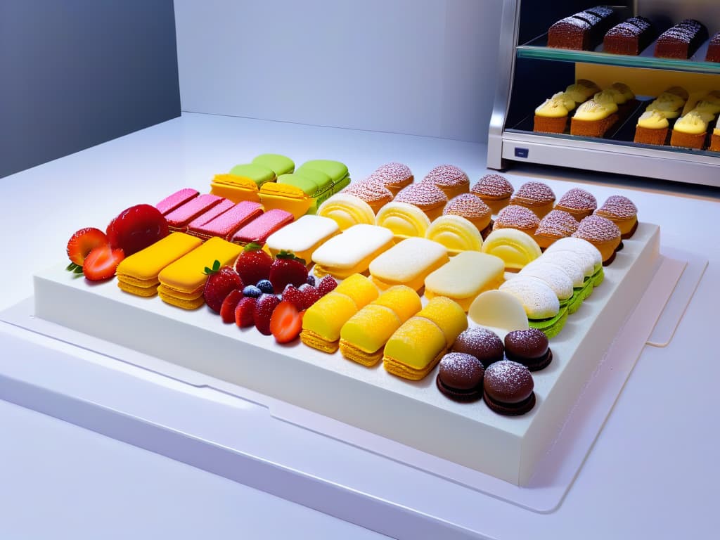  An ultradetailed 8k image of a sleek, minimalistic kitchen countertop with an array of vibrant, meticulously designed desserts laid out in a visually appealing display. The desserts range from colorful macarons to intricate cake slices, showcasing the artistry and creativity that can be achieved through dessert design apps. Each dessert is perfectly placed to highlight its unique design, with impeccable lighting that enhances the textures and colors of the treats. This image captures the essence of fun and creativity in dessert design, enticing readers to explore the world of pastry artistry through gamified applications. hyperrealistic, full body, detailed clothing, highly detailed, cinematic lighting, stunningly beautiful, intricate, sharp focus, f/1. 8, 85mm, (centered image composition), (professionally color graded), ((bright soft diffused light)), volumetric fog, trending on instagram, trending on tumblr, HDR 4K, 8K