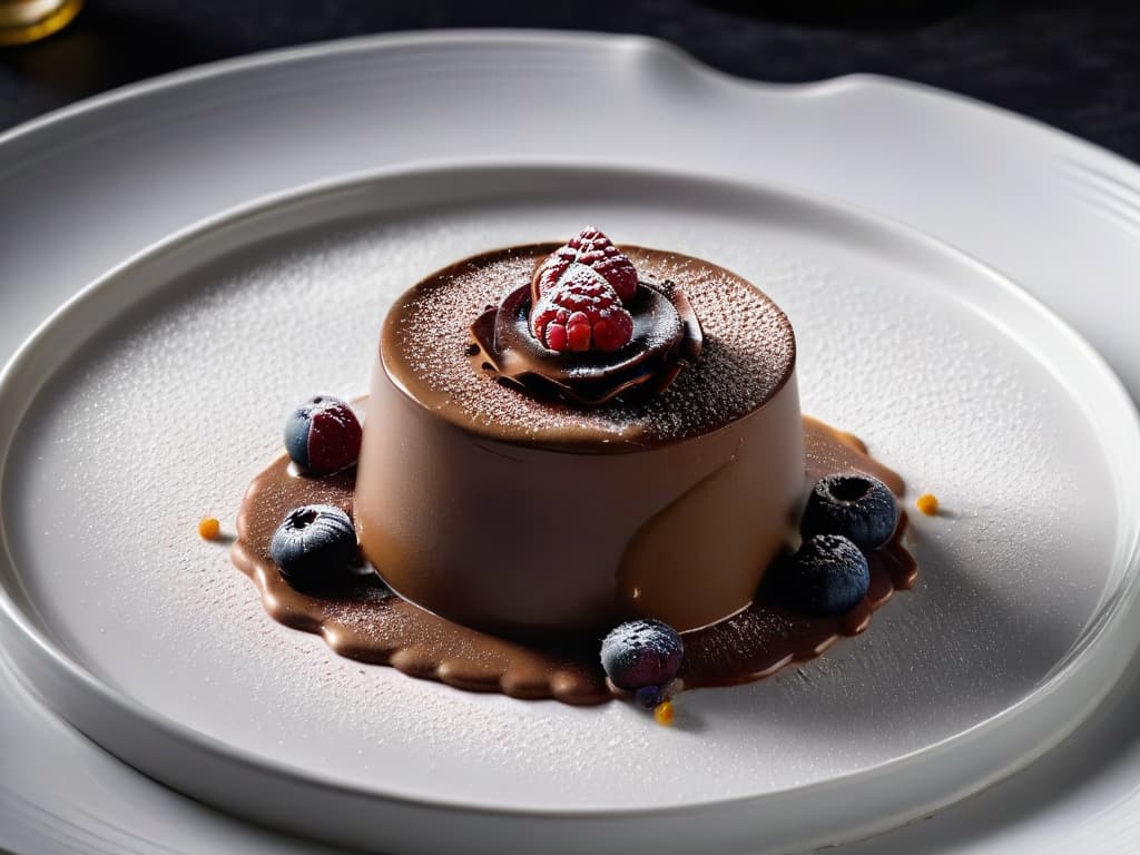  A closeup, ultradetailed image of a decadent chocolate mousse dessert with a perfectly smooth and glossy surface, topped with a delicate sprinkle of cocoa powder and a single fresh raspberry, all presented on a sleek, modern white plate against a black background. The lighting highlights the rich texture of the mousse, capturing every tiny air bubble and swirl, creating a visually stunning and appetizing minimalistic composition. hyperrealistic, full body, detailed clothing, highly detailed, cinematic lighting, stunningly beautiful, intricate, sharp focus, f/1. 8, 85mm, (centered image composition), (professionally color graded), ((bright soft diffused light)), volumetric fog, trending on instagram, trending on tumblr, HDR 4K, 8K