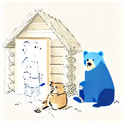  1boy, white shirt, blue jeans, in the cabin, a bear standing , vivid color, bright light