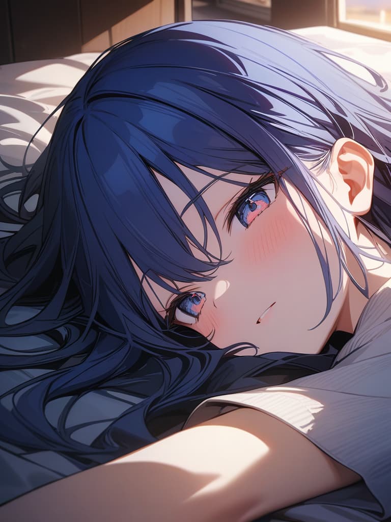  Gles, sunset, white, , long hair, embarring, gles , lying on your back, bedroom, blue hair, huge s., masterpiece, best quality,8k,ultra detailed,high resolution,an extremely delicate and beautiful,hyper detail