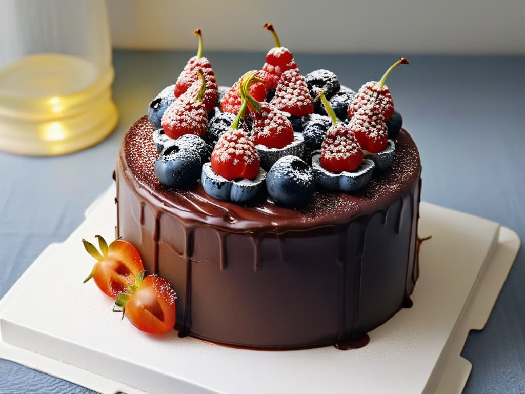  A closeup, ultradetailed image of a rich, decadent chocolate cake topped with a vibrant scattering of fresh goji berries. The berries glisten in the light, showcasing their plump texture and deep red color against the dark, glossy surface of the cake. Each individual berry is perfectly positioned, creating a visually striking contrast that highlights the beauty and natural sweetness of the goji berries as a key ingredient in the luxurious dessert. hyperrealistic, full body, detailed clothing, highly detailed, cinematic lighting, stunningly beautiful, intricate, sharp focus, f/1. 8, 85mm, (centered image composition), (professionally color graded), ((bright soft diffused light)), volumetric fog, trending on instagram, trending on tumblr, HDR 4K, 8K