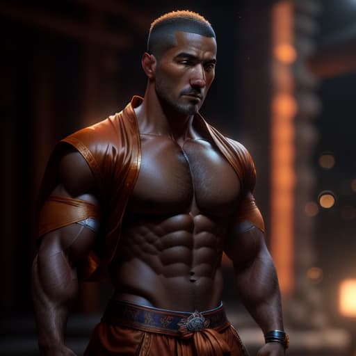  ((((masterpiece)))), best quality, very high resolution, ultra detailed, in frame, cool, muscular, monk, shirtless, tanned skin, muscles, shaved head, no beard, orange outfit, in his 30s, full body, monk, light, well lighted, unedited DSLR photography, sharp focus, Unreal Engine 5, Octane Render, Redshift, ((cinematic lighting)), f/1.4, ISO 200, 1/160s, 8K, RAW, unedited, in frame