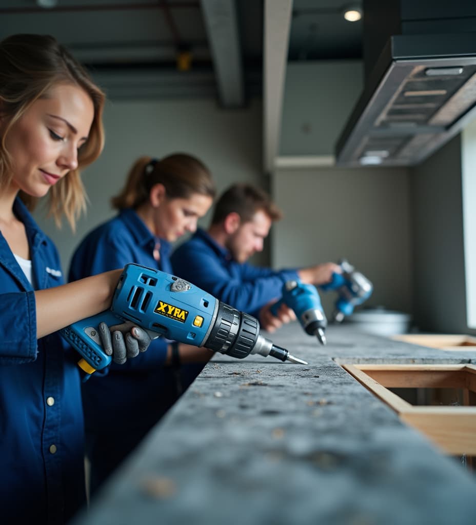  good quality, high quality, "wide angle shot of a sleek modern kitchen under renovation. in foreground, a diverse team of professionals using blue handled xtra power screwdrivers with precision. lion logo prominent on tools. 'xtra for a reason' etched into a steel beam. cinematic lighting, high dynamic range, photorealistic textures."