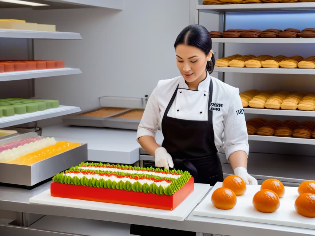  A photorealistic image of Lara Gilmore meticulously crafting a delicate and intricate dessert in her bustling pastry kitchen, surrounded by shelves of colorful ingredients and a team of focused chefs working in the background, capturing the essence of dedication and artistry in the world of haute cuisine. hyperrealistic, full body, detailed clothing, highly detailed, cinematic lighting, stunningly beautiful, intricate, sharp focus, f/1. 8, 85mm, (centered image composition), (professionally color graded), ((bright soft diffused light)), volumetric fog, trending on instagram, trending on tumblr, HDR 4K, 8K