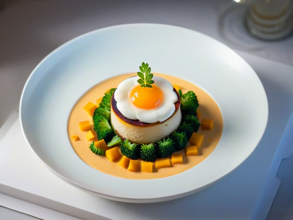  A highresolution, minimalist image of a beautifully plated dish surrounded by strategically placed LED lights, casting a soft and inviting glow on the food. The focus is on the intricate details and textures of the dish, showcasing the artistry and careful presentation involved in food photography. The LED lights create a warm and professional ambiance, enhancing the overall aesthetic appeal of the composition. hyperrealistic, full body, detailed clothing, highly detailed, cinematic lighting, stunningly beautiful, intricate, sharp focus, f/1. 8, 85mm, (centered image composition), (professionally color graded), ((bright soft diffused light)), volumetric fog, trending on instagram, trending on tumblr, HDR 4K, 8K