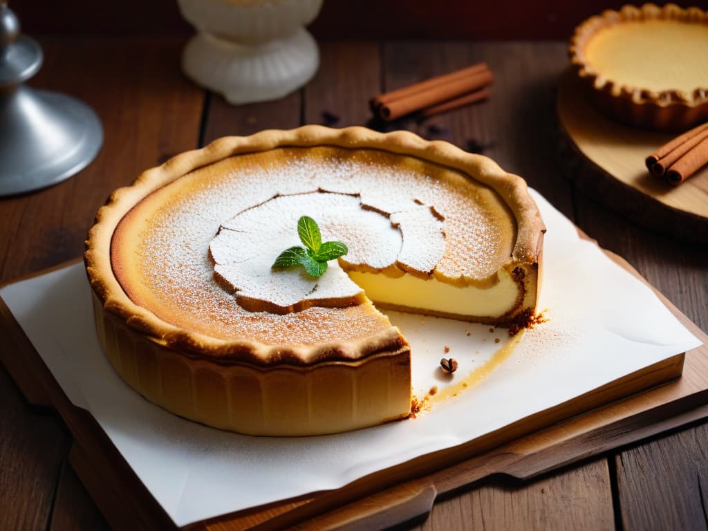  A closeup, ultradetailed image of a freshly baked Melktert, a traditional South African milk tart, with a perfectly goldenbrown crust sprinkled with cinnamon sugar. The creamy, custardlike filling is smooth and luxurious, topped with a delicate dusting of cinnamon and a few fresh mint leaves for garnish. The pie sits on a rustic wooden table, surrounded by scattered cinnamon sticks and a vintage silver dessert fork, evoking a warm, homely atmosphere and inviting the viewer to indulge in a slice of this delectable dessert. hyperrealistic, full body, detailed clothing, highly detailed, cinematic lighting, stunningly beautiful, intricate, sharp focus, f/1. 8, 85mm, (centered image composition), (professionally color graded), ((bright soft diffused light)), volumetric fog, trending on instagram, trending on tumblr, HDR 4K, 8K