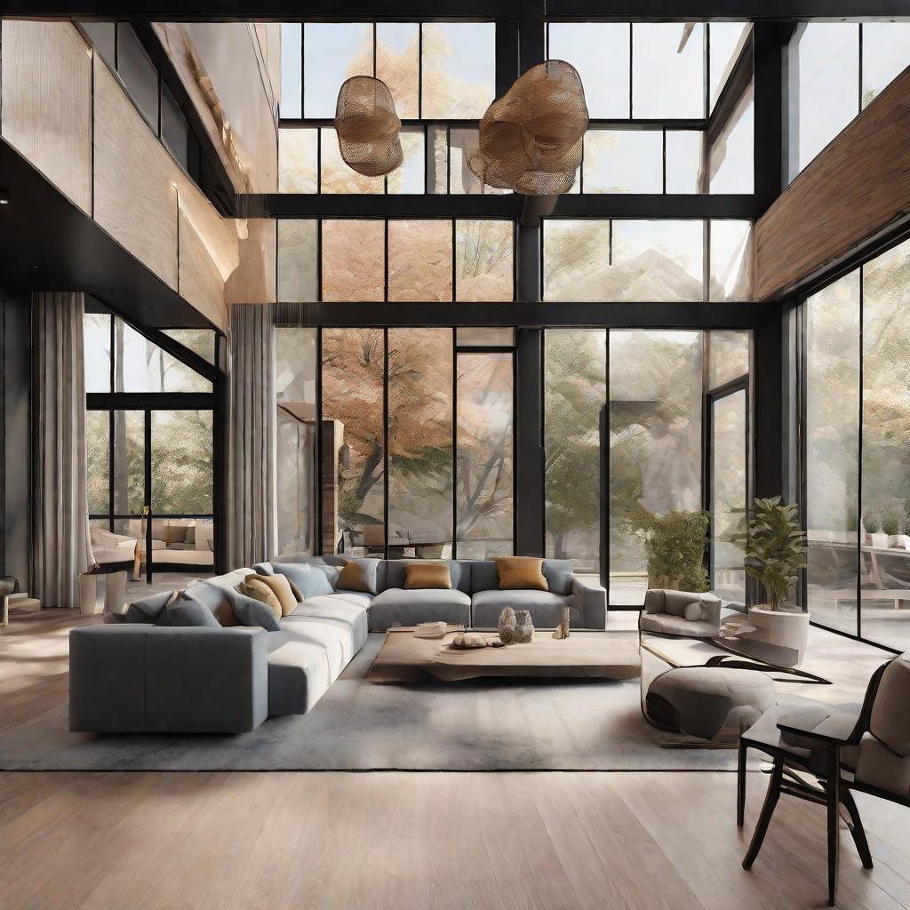  masterpiece, best quality, best quality, masterpiece, 8k resolution, high resolution apartment Living room concept art with floor-to-ceiling windows and modern furniture