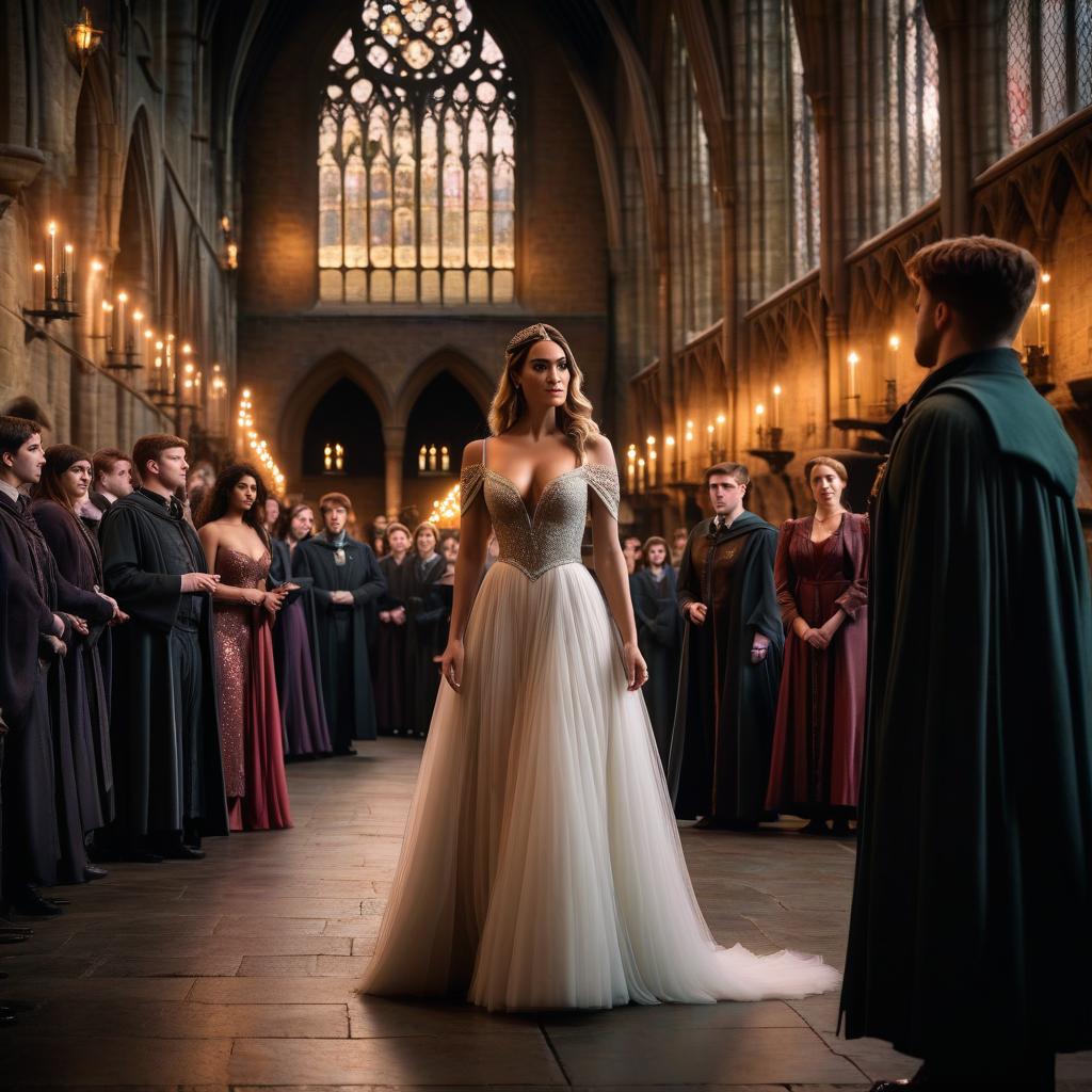  cinematic film still Leavers' Ball at Hogwarts . shallow depth of field, vignette, highly detailed, high budget, bokeh, cinemascope, moody, epic, gorgeous, film grain, grainy hyperrealistic, full body, detailed clothing, highly detailed, cinematic lighting, stunningly beautiful, intricate, sharp focus, f/1. 8, 85mm, (centered image composition), (professionally color graded), ((bright soft diffused light)), volumetric fog, trending on instagram, trending on tumblr, HDR 4K, 8K