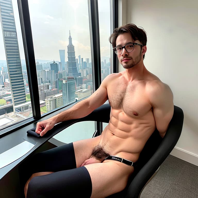  Elegant male boss in glasses, naked, sitting on a chair in the office. He has a six pack and a hairy chest, revealing a huge penis. The penis is hard and erect. From the office window, you can see the busy traffic downstairs and the Taipei 101 building in the distance.