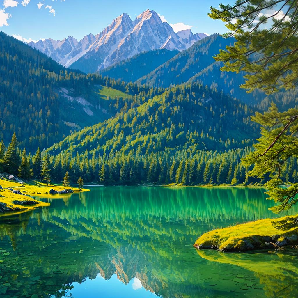  as a painting, Convey the serene majesty of towering mountains reflected in the crystal-clear waters of a tranquil alpine lake, using your unique artistic vision to evoke a sense of awe and tranquility.