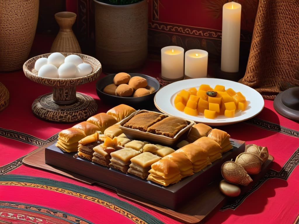  An ultradetailed image of a beautifully arranged table setting in a traditional African home, showcasing an array of homemade desserts like baklava, malva pudding, and koeksisters. The table is adorned with vibrant African fabrics, rustic pottery, and lush greenery, creating a warm and inviting atmosphere that perfectly captures the essence of African hospitality. hyperrealistic, full body, detailed clothing, highly detailed, cinematic lighting, stunningly beautiful, intricate, sharp focus, f/1. 8, 85mm, (centered image composition), (professionally color graded), ((bright soft diffused light)), volumetric fog, trending on instagram, trending on tumblr, HDR 4K, 8K