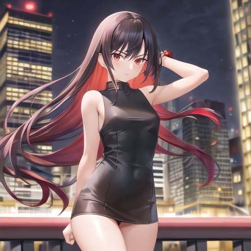  master piece , best quality,Night, downtown, about , red eyes, long black hair, slanted eyes, looks mature, short, elementary , sleeveless, red mini , red base throughout, glaring, chasing, running as fast as she can.