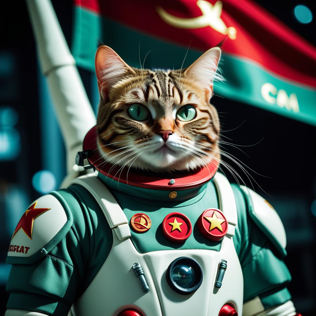  cinematic photo cat, red fur in a white stripe, green-colored eyes, cat in a spacesuit, on the spacesuit flag of the Soviet Union, inscription on helmet "Soviet Union", in the background space, galaxy, stars, black hole, photorealism . 35mm photograph, film, bokeh, professional, 4k, highly detailed