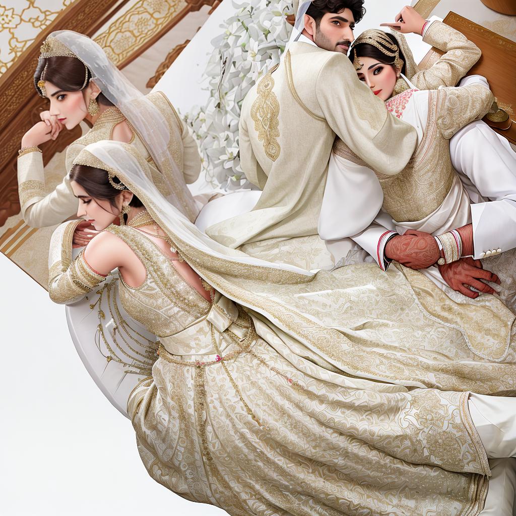  masterpiece, best quality, Generate image of a pakistani marriage couple during marriage ceremony, create groom with coat and pant, and bride with pakistani traditional wedding dress and groom and bride is seated and bride signing on the paper. With white background. image should be from back side of the bride and the groom