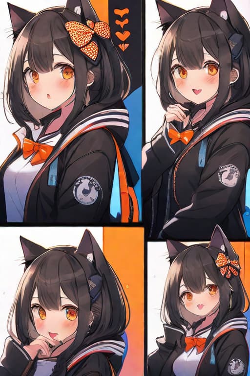  masterpiece, best quality, 1, solo, animal ears, bow, teeth, jacket, tail, open mouth, brown hair, orange background, bowtie, orange nails, simple background, cat ears, orange eyes, blue bow, animal ear fluff, cat tail, looking at viewer, upper body, shirt, uniform, hood, striped bow, striped, white shirt, black jacket, blue bowtie, fingernails, long sleeves, cat , bangs, fangs, collared shirt, striped bowtie, short hair, tongue, hoodie, sharp teeth, facial mark, claw pose hyperrealistic, full body, detailed clothing, highly detailed, cinematic lighting, stunningly beautiful, intricate, sharp focus, f/1. 8, 85mm, (centered image composition), (professionally color graded), ((bright soft diffused light)), volumetric fog, trending on instagram, trending on tumblr, HDR 4K, 8K