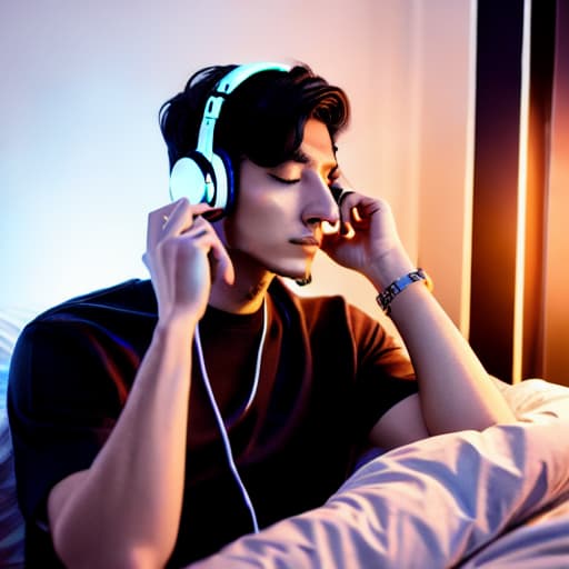  A boy in your bedroom in  the night listening music with a sad expression