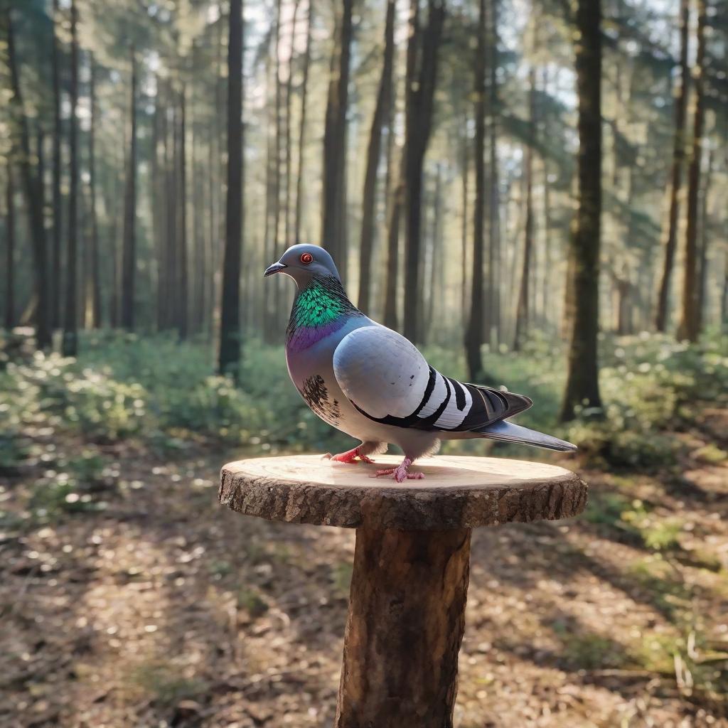  A small pigeon hatch in the middle of the forest in a beautiful landscape with the praise standing on a wooden stick