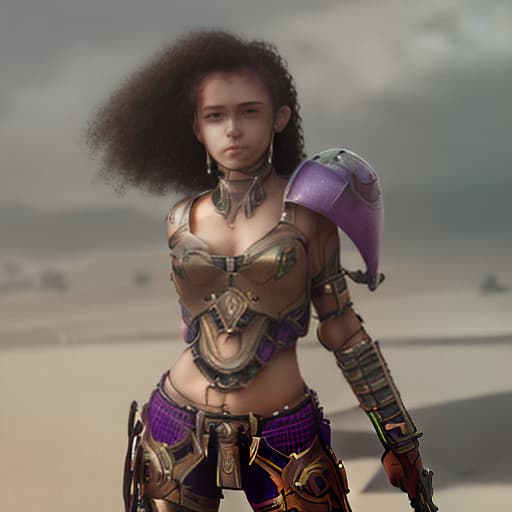 redshift style Warhammer girl in armour with a chainsword Purple curly hair Tan skin color Green and brown eyes