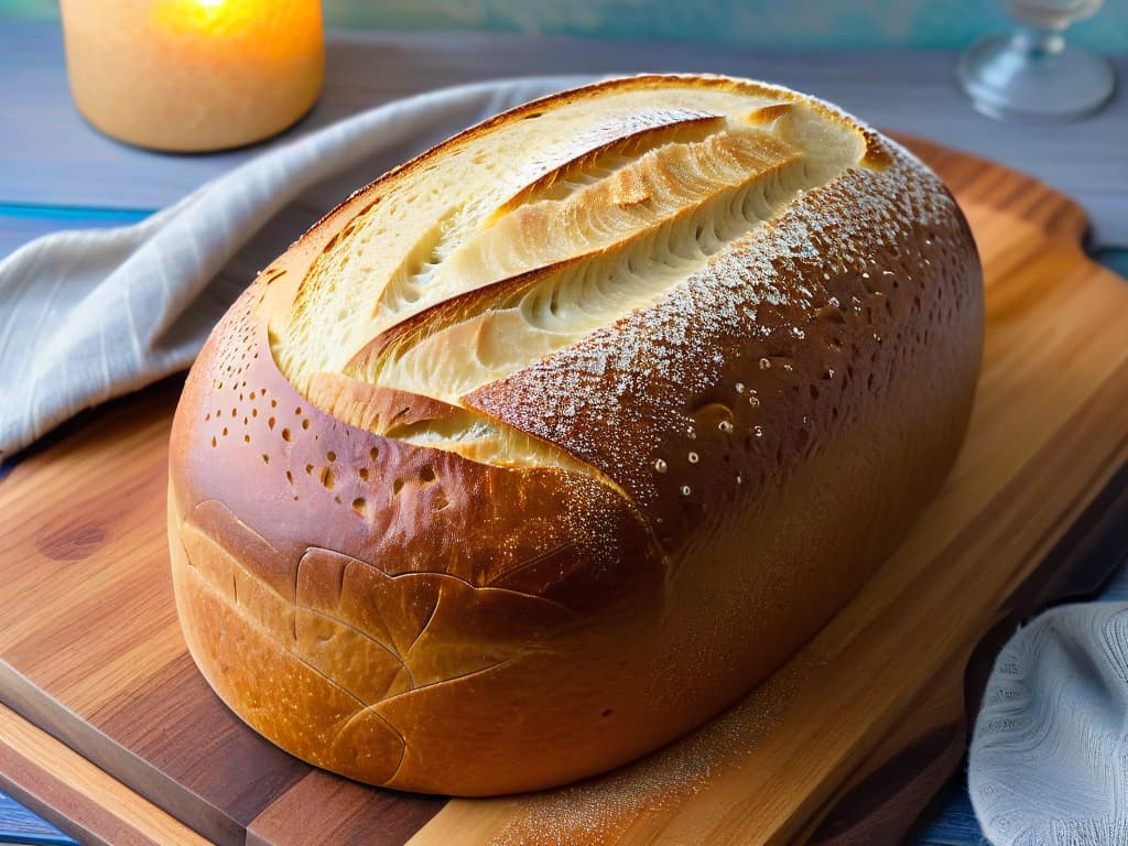  A closeup, ultradetailed image of a perfectly risen sourdough bread loaf, with intricate patterns on the crust, sitting on a rustic wooden cutting board. The goldenbrown crust glistens under a soft light, showcasing the texture and bubbles within the bread, inviting viewers to appreciate the art of fermentation in homemade breadmaking. hyperrealistic, full body, detailed clothing, highly detailed, cinematic lighting, stunningly beautiful, intricate, sharp focus, f/1. 8, 85mm, (centered image composition), (professionally color graded), ((bright soft diffused light)), volumetric fog, trending on instagram, trending on tumblr, HDR 4K, 8K